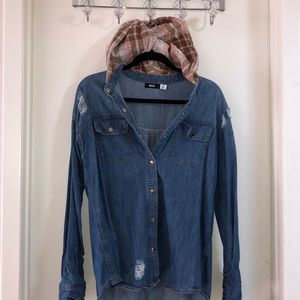 Denim button up with plaid hoodie